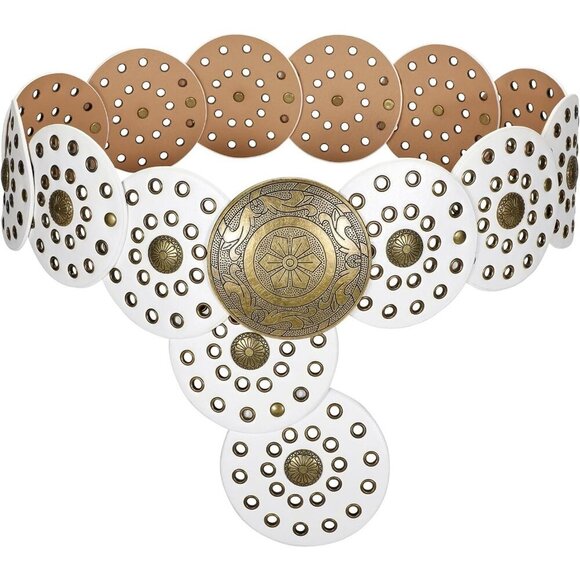 Women Boho Disc Belt Wide Western Leather Belt Vintage Concho Waist Belts White main image 6